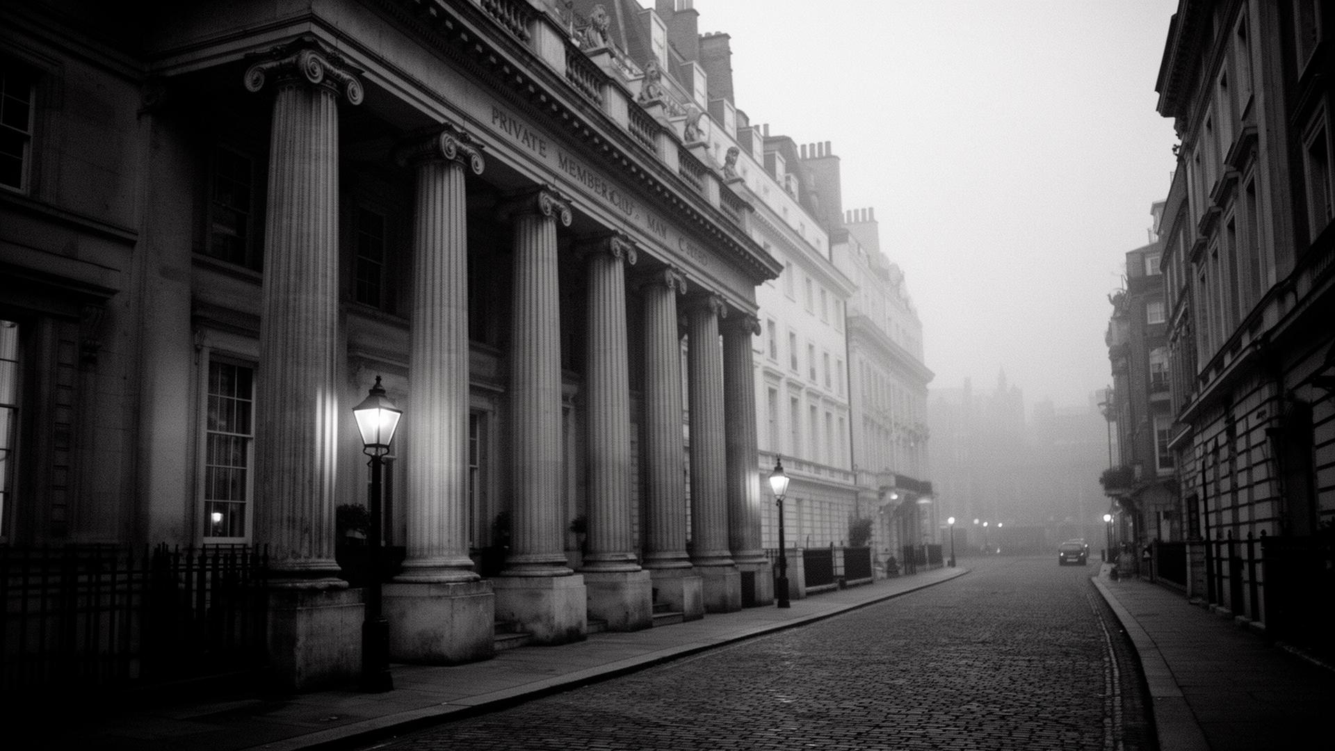 A private members' society facade in Mayfair, London, at dusk