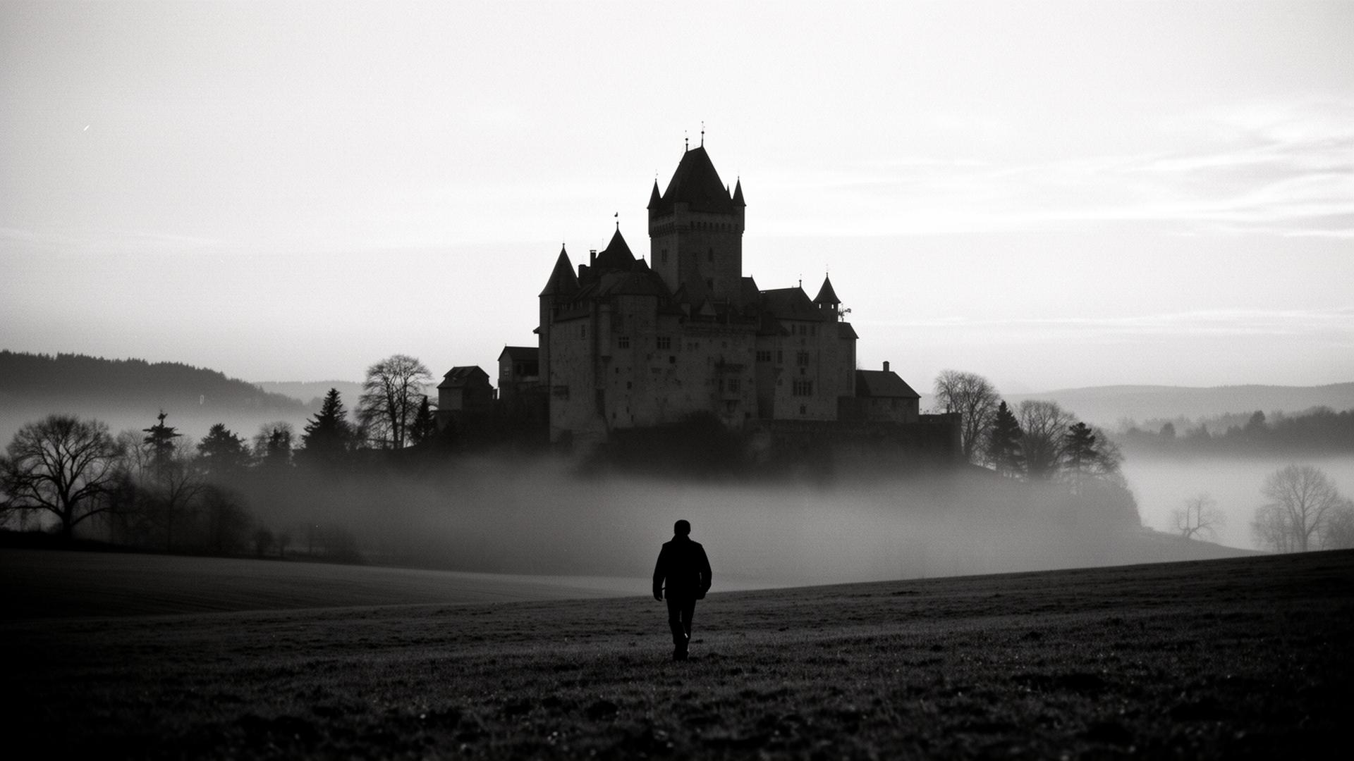 A lone figure walking towards a castle in misty European countryside