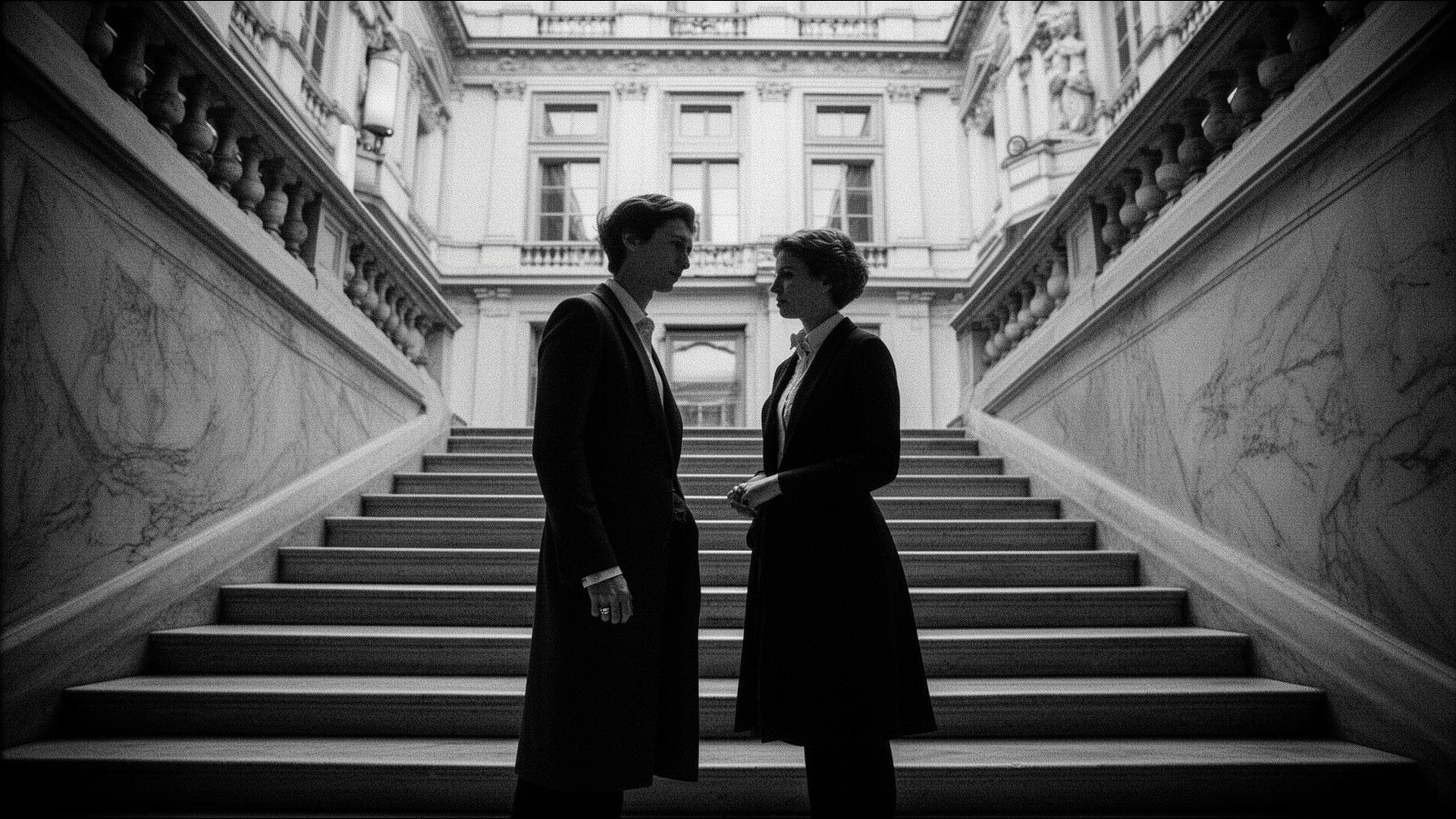 Two figures in conversation on the marble staircase of a historic palazzo