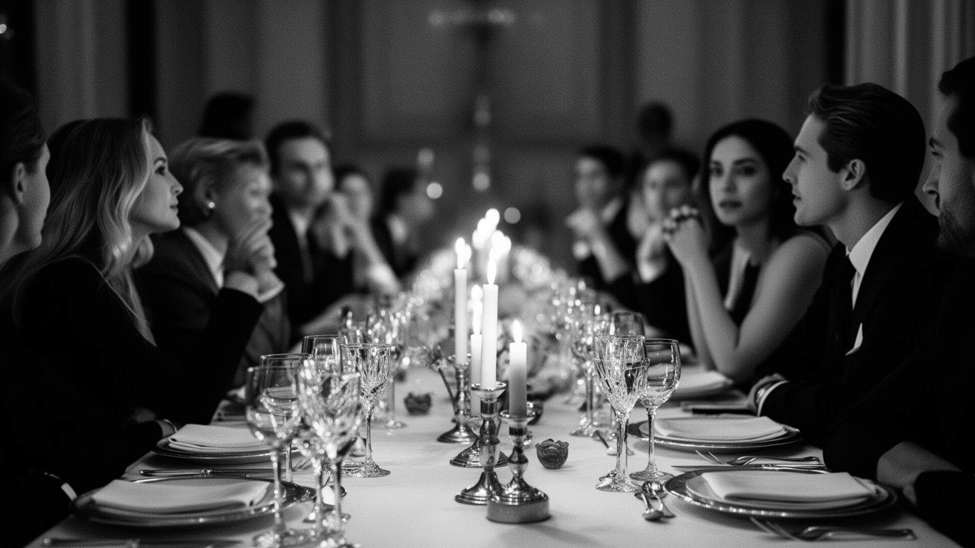 A candlelit private dinner of cultural and capital figures in soft focus