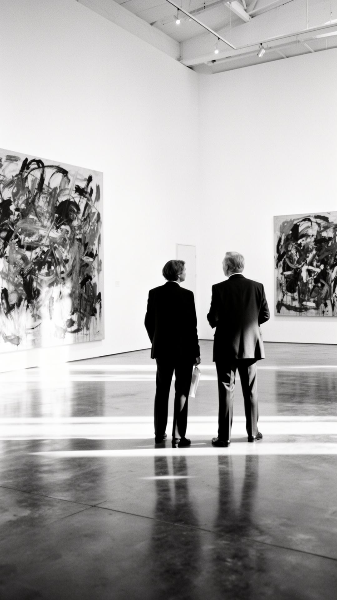 Two figures in conversation before large abstract canvases in a private gallery
