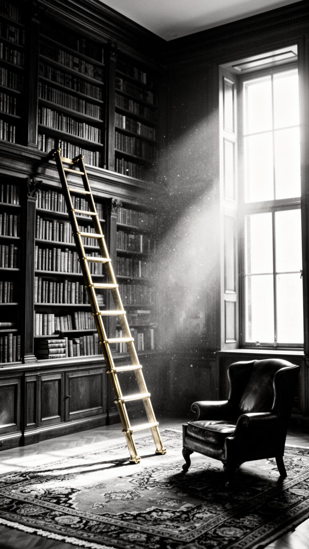 An antique private library with leather chair and a single shaft of light